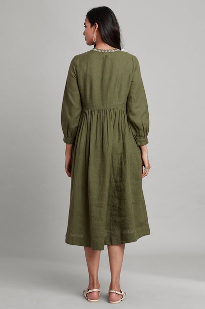 Dark Green Gathered Solid Dress