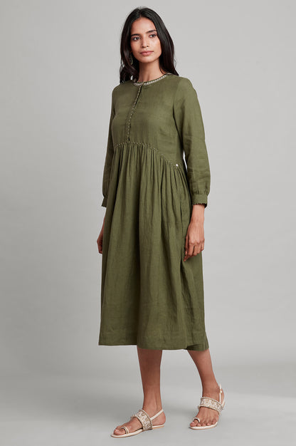 Dark Green Gathered Solid Dress