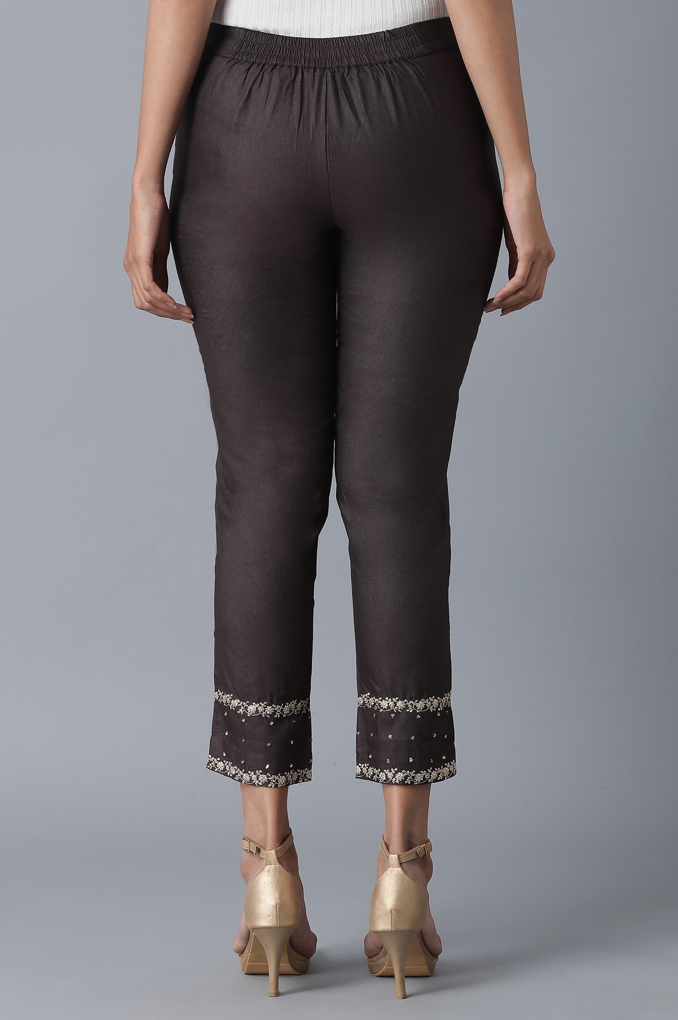 Brown Solid Embroidered Tapered Silk Slim Pants