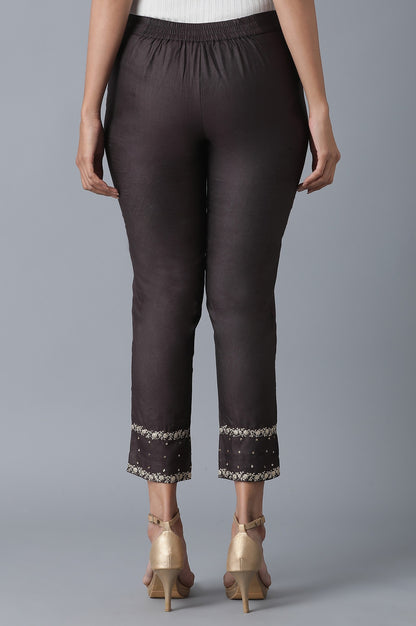 Brown Solid Embroidered Tapered Silk Slim Pants