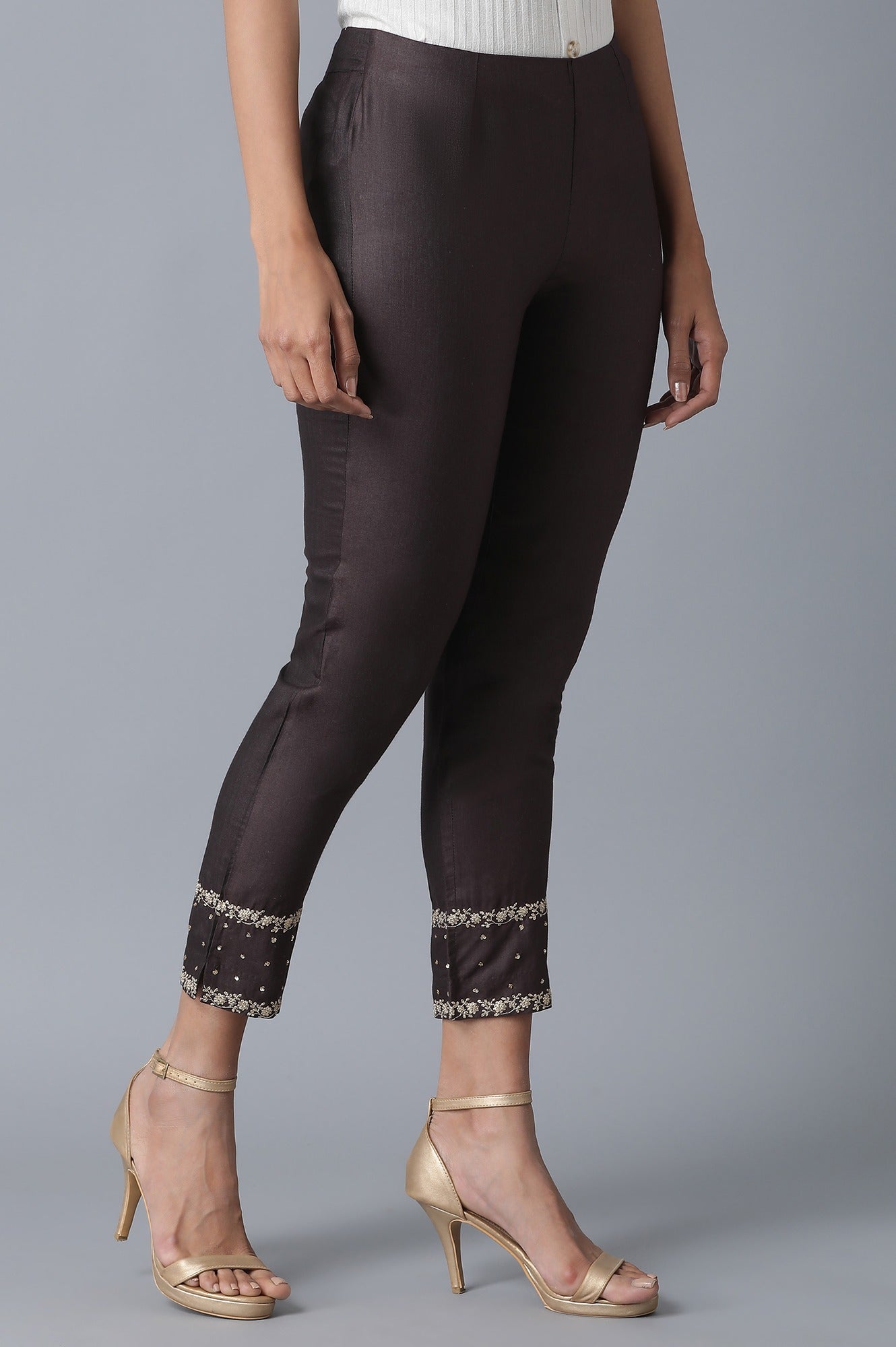 Brown Solid Embroidered Tapered Silk Slim Pants