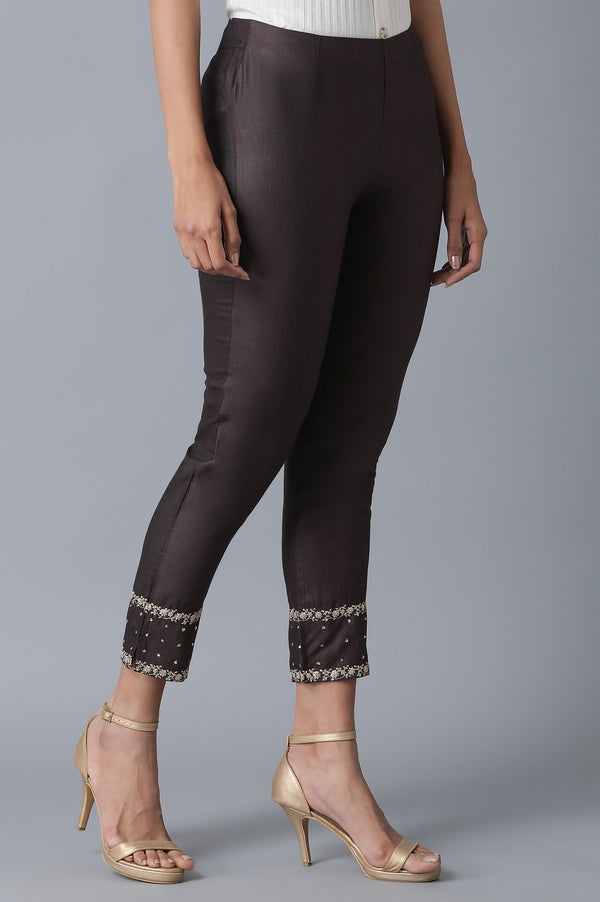 Brown Solid Embroidered Tapered Silk Slim Pants