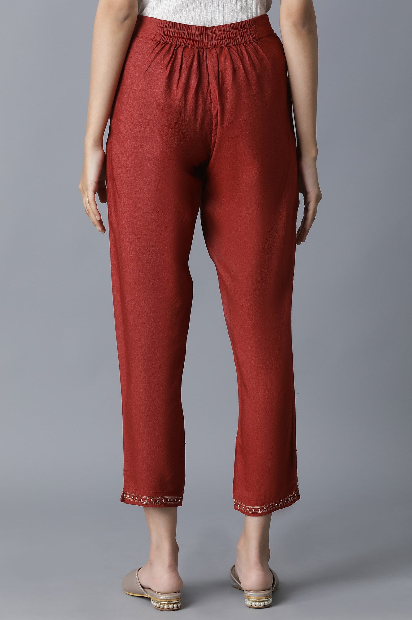 Dark Red Solid Slim Pants