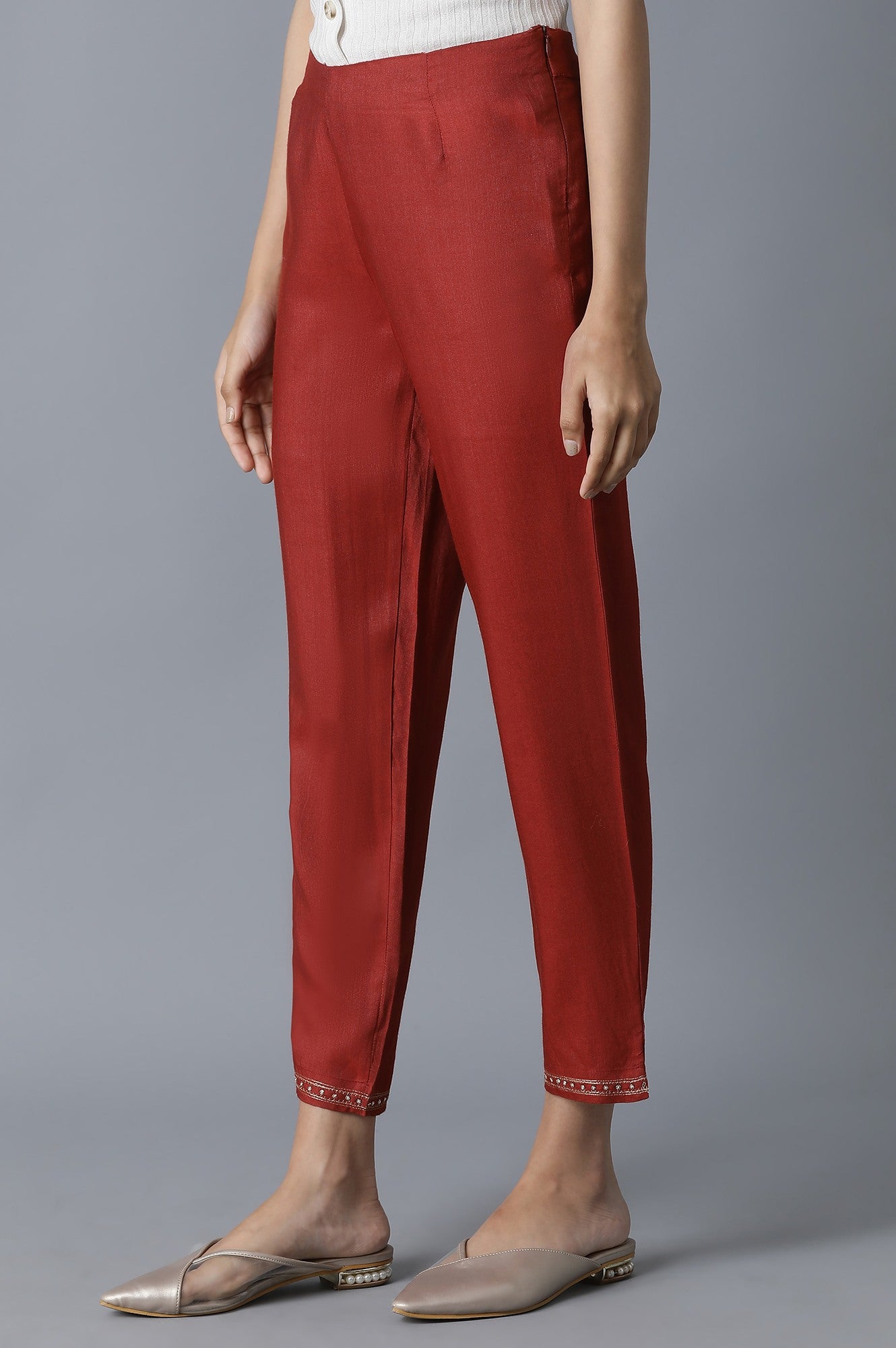 Dark Red Solid Slim Pants
