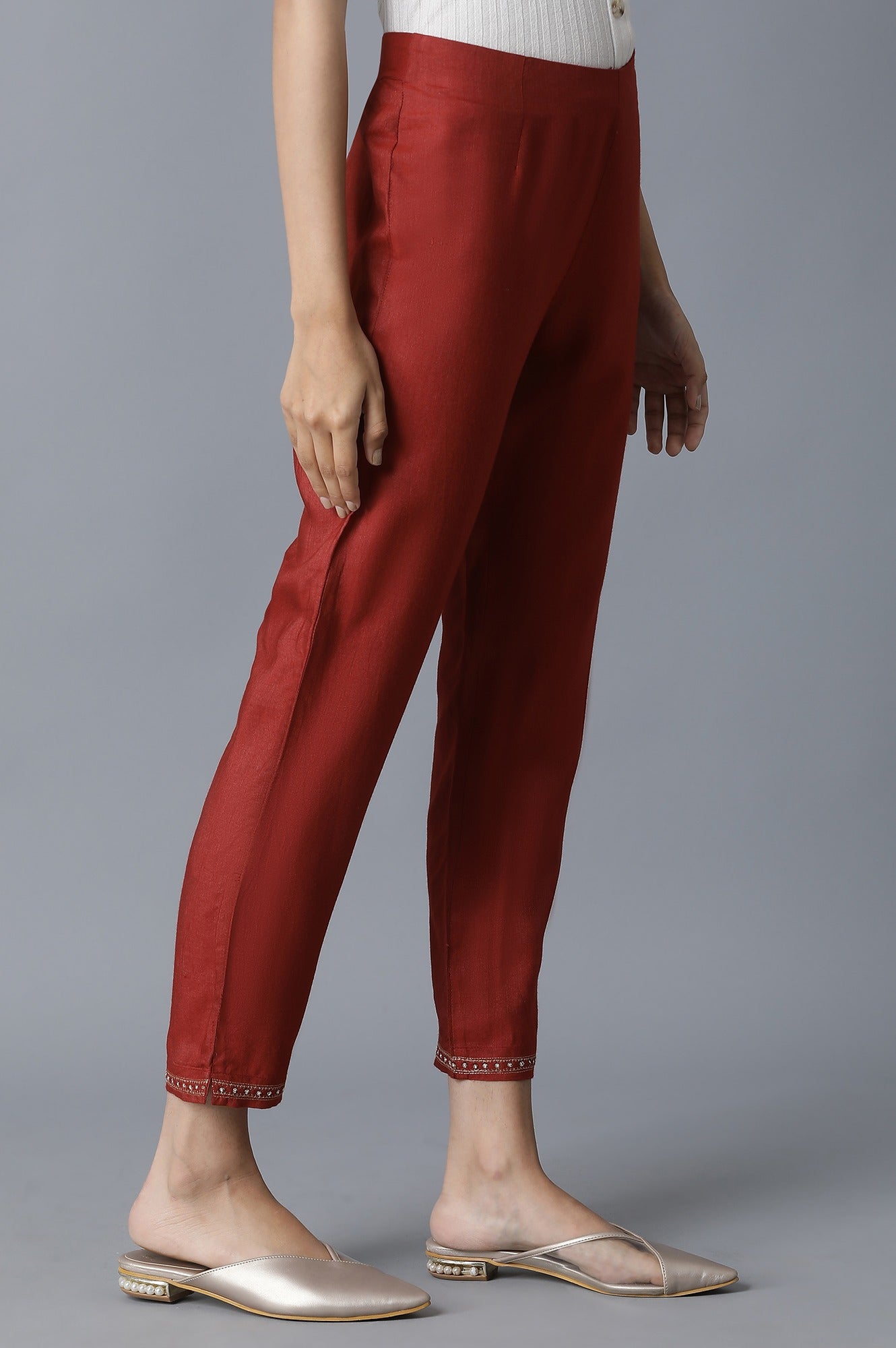 Dark Red Solid Slim Pants