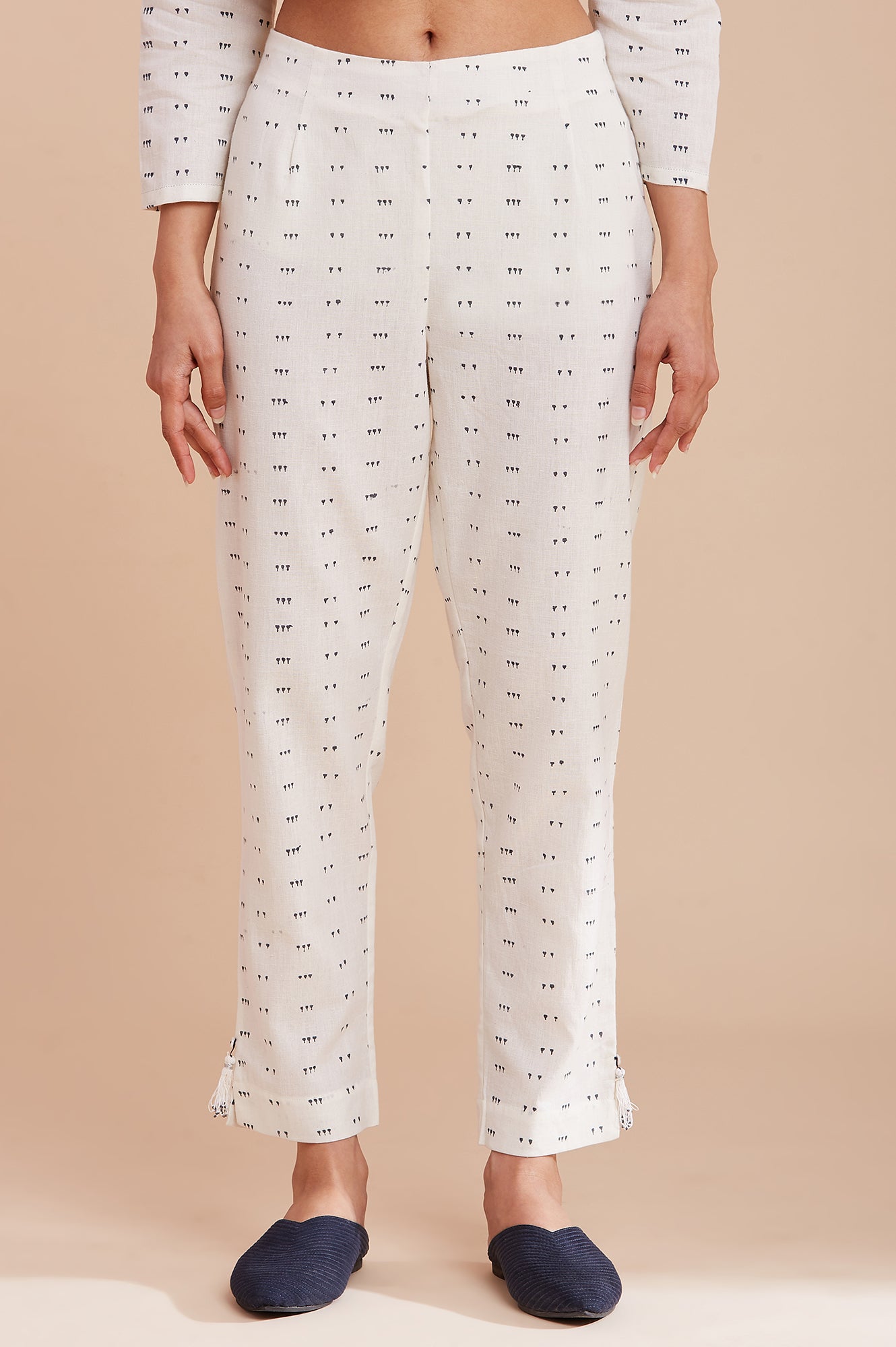 Ecru Printed Slim Pants