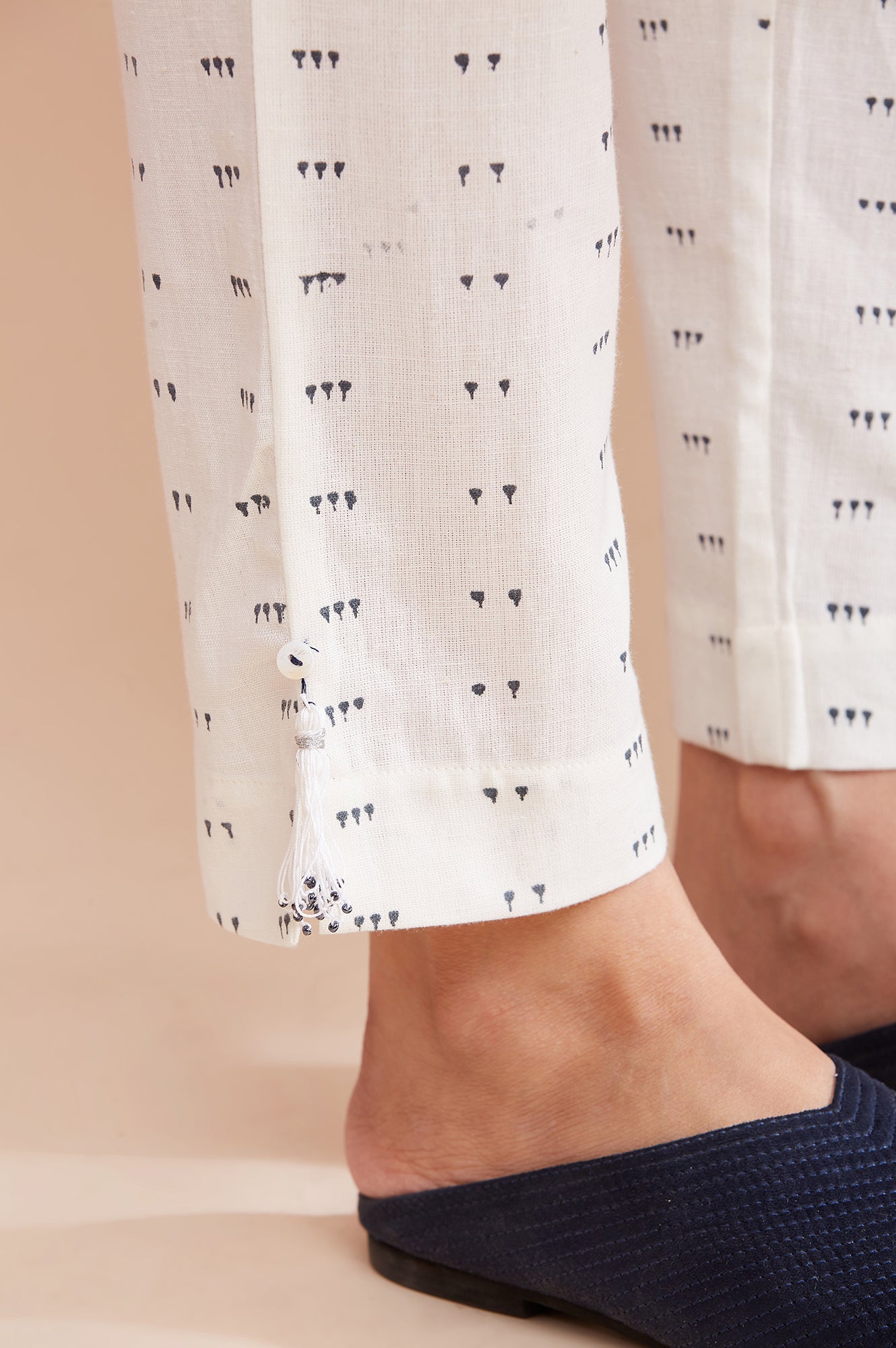 Ecru Printed Slim Pants