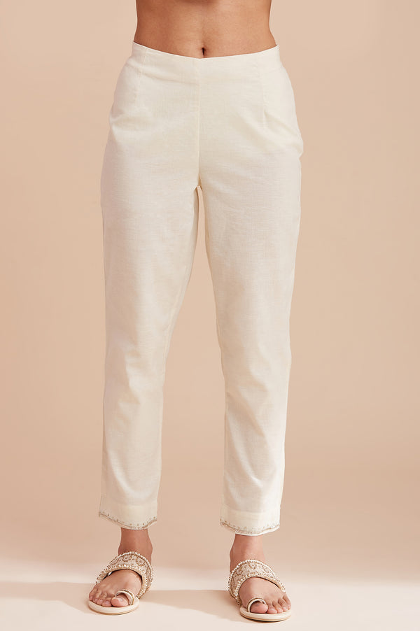 Ecru Solid Harit Khadi Slim Pants