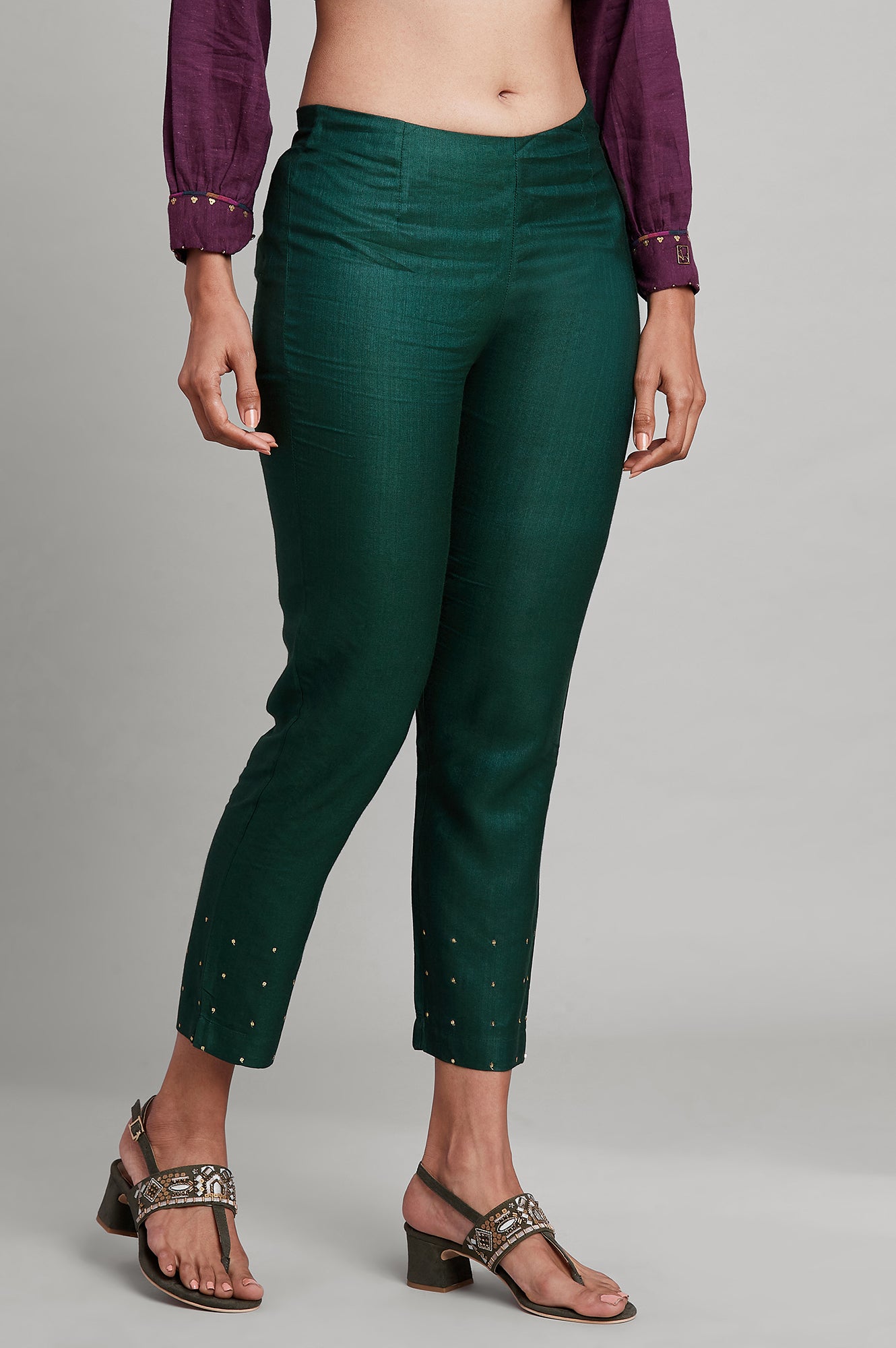 Dark Green Solid Slim Pants