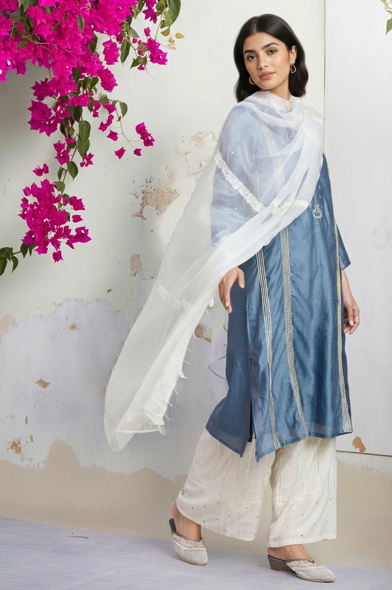 Ecru Embroidered Organza Drape