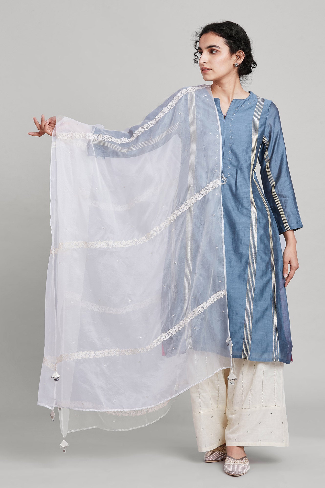 Ecru Embroidered Organza Drape