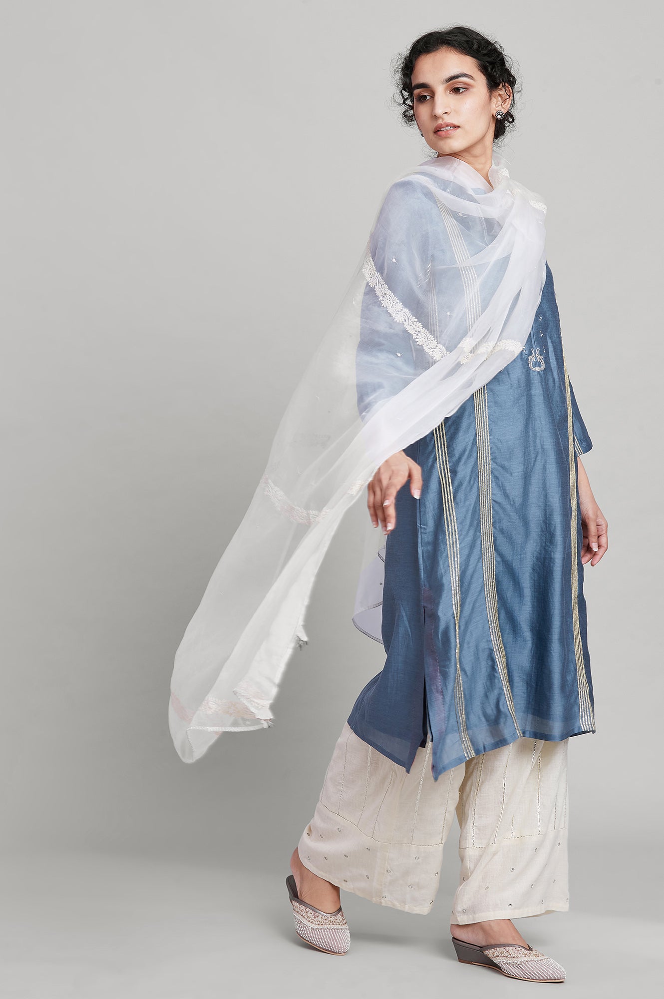 Ecru Embroidered Organza Drape