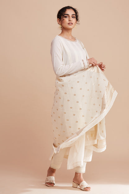 Cream Solid Jacquard Gold Fringes Silk Dupatta