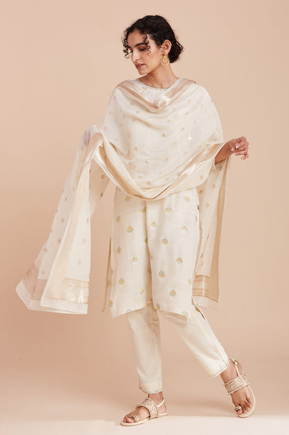 Cream Solid Jacquard Gold Fringes Silk Dupatta