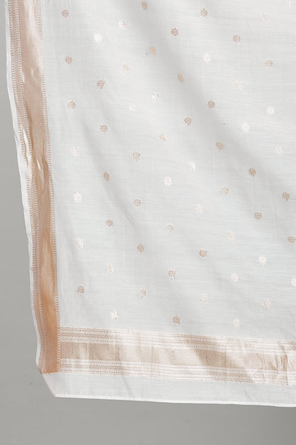 Cream Solid Jacquard Gold Fringes Silk Dupatta