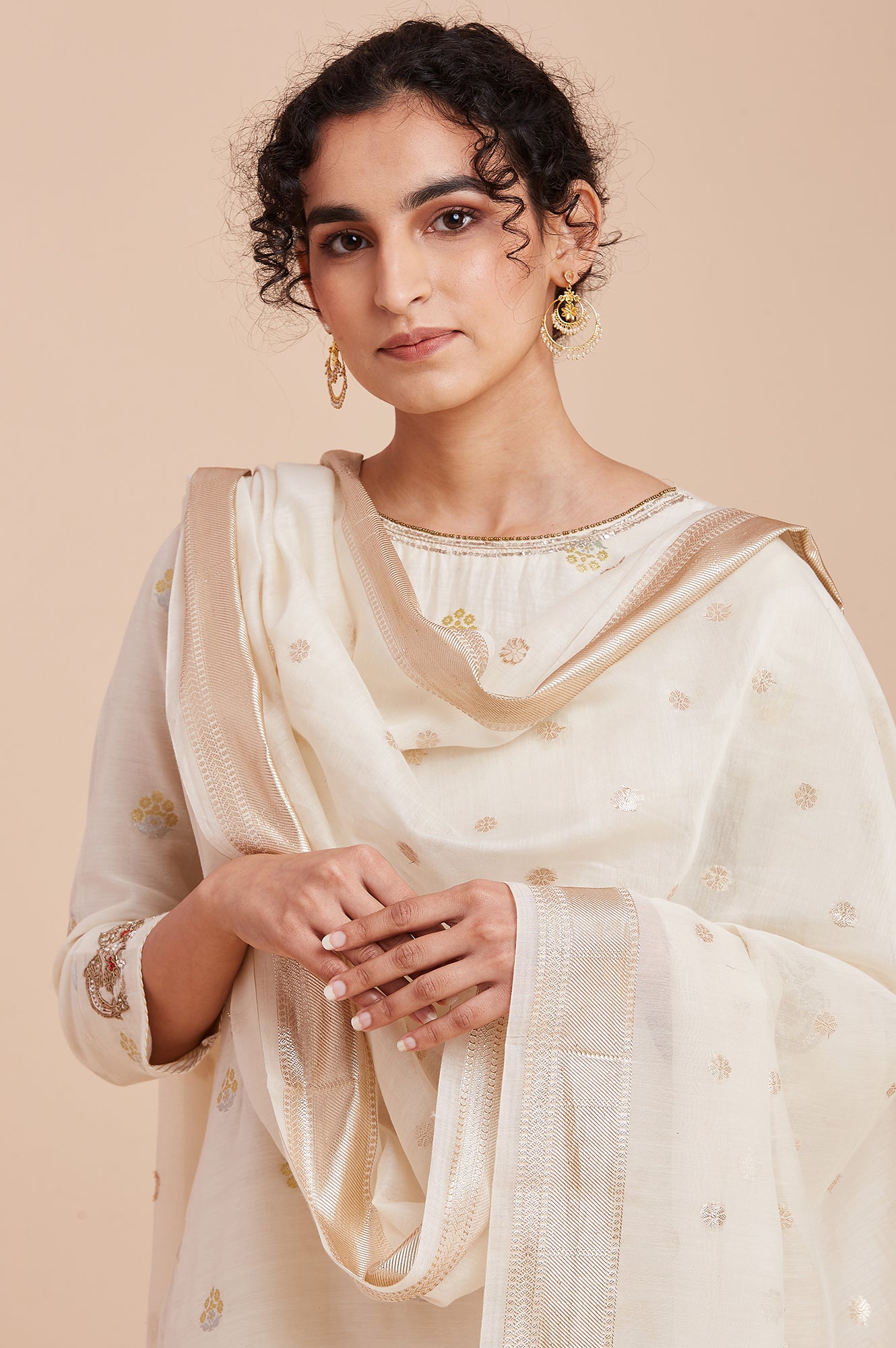 Cream Solid Jacquard Gold Fringes Silk Dupatta