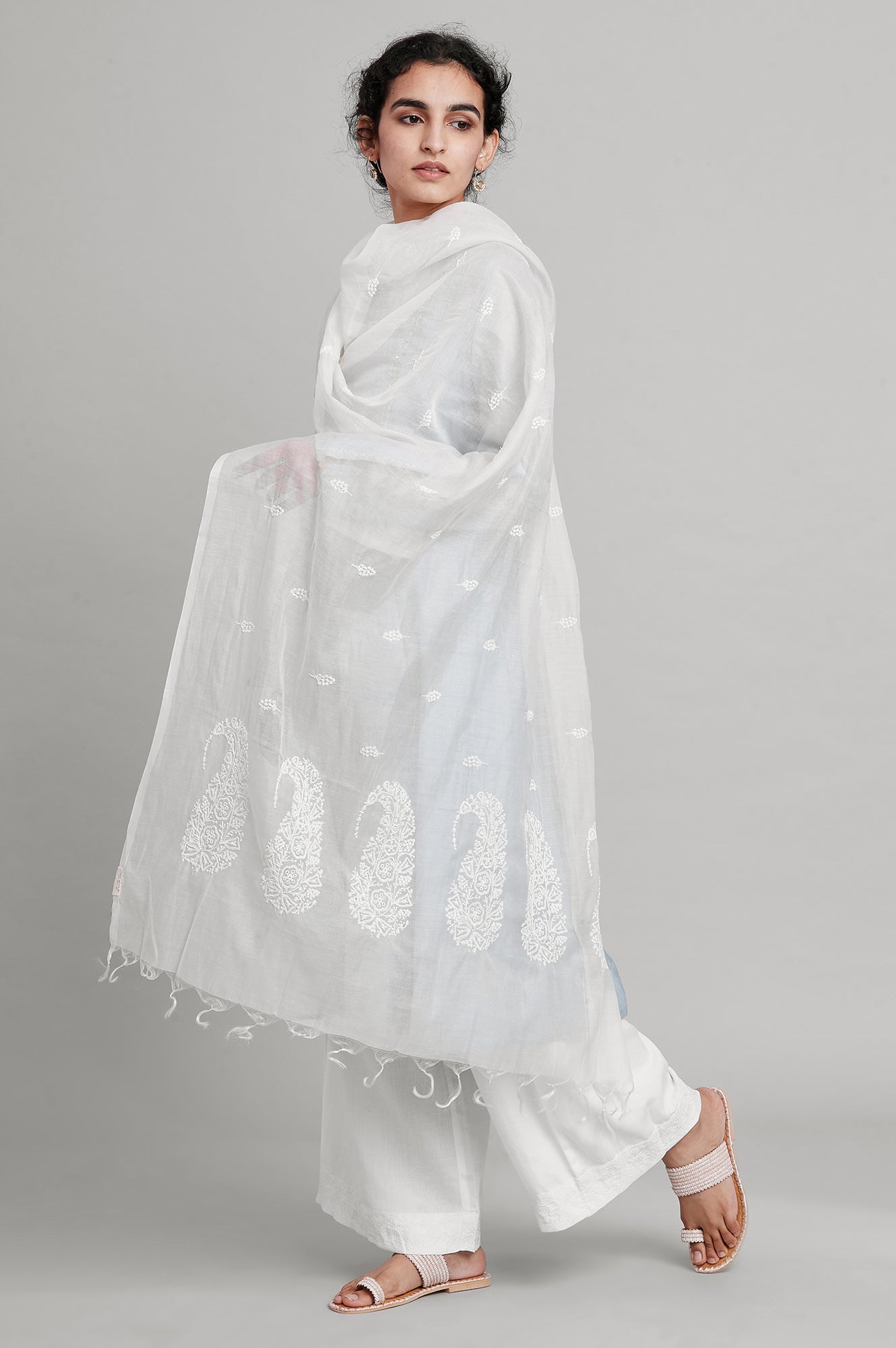 White Paisley Printed Thread Embroidered Pure Silk Dupatta