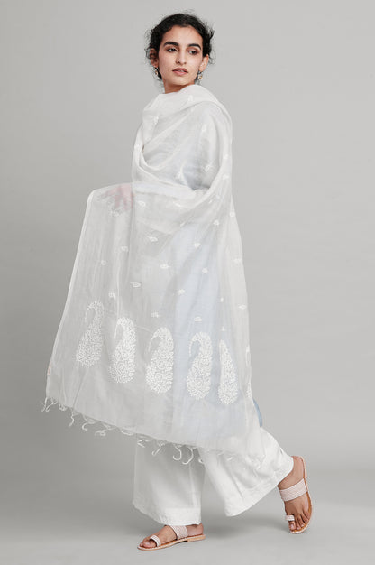White Paisley Printed Thread Embroidered Pure Silk Dupatta