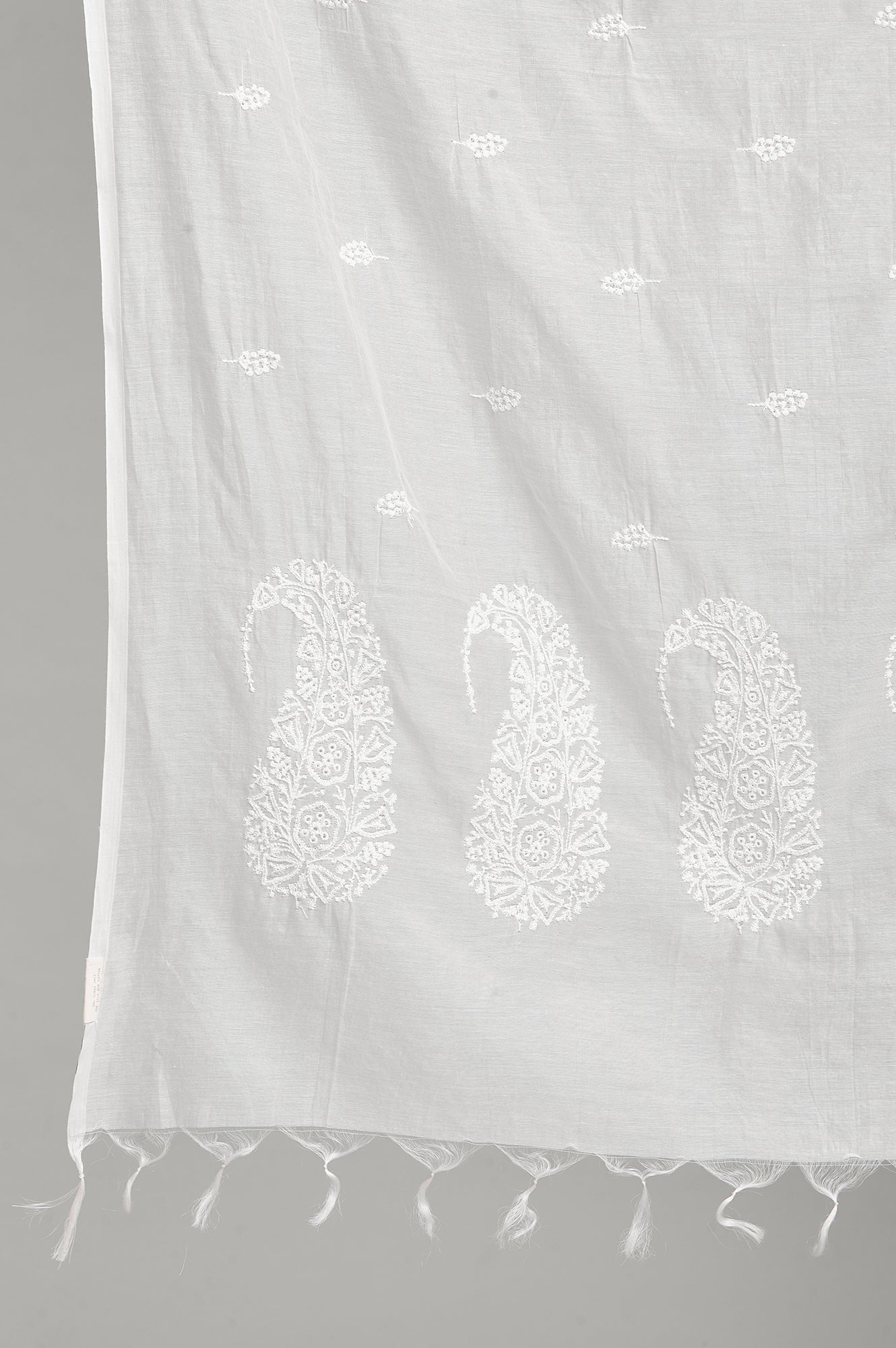 White Paisley Printed Thread Embroidered Pure Silk Dupatta