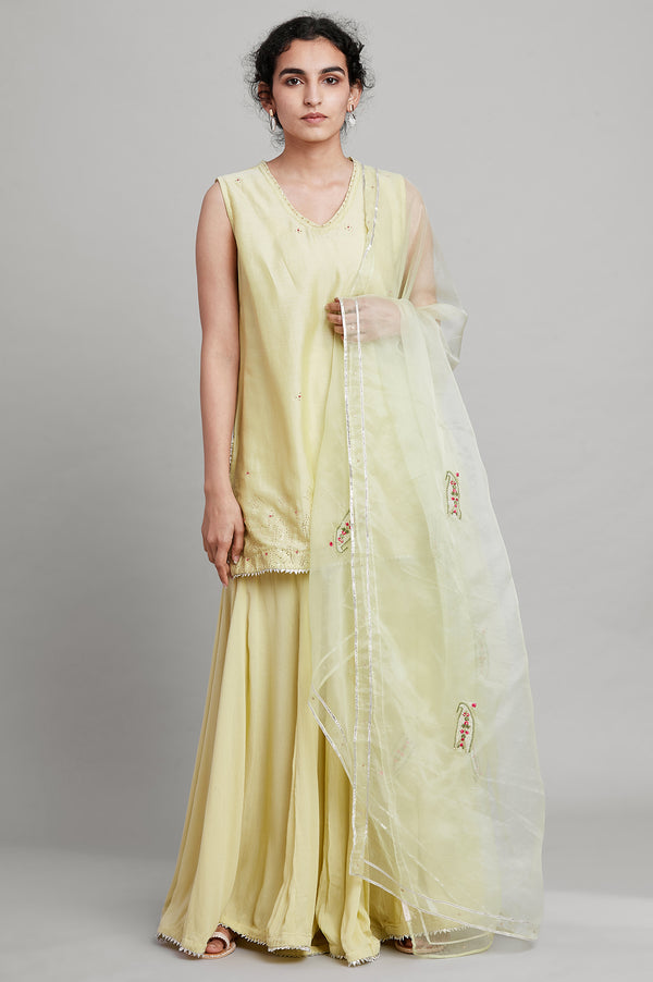 Light Green Short kurta-Light Green Sharara-Dupatta Set