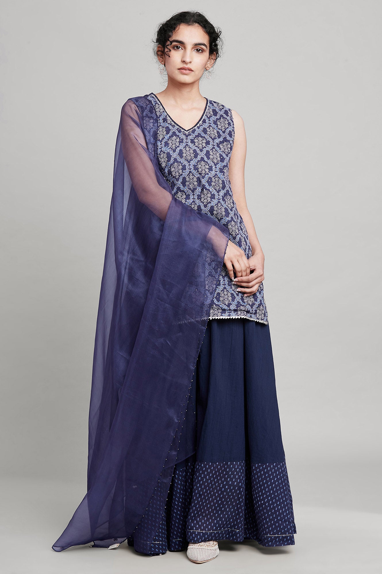 Blue Short kurta-Crinkled Skirt-Organza Drape Set