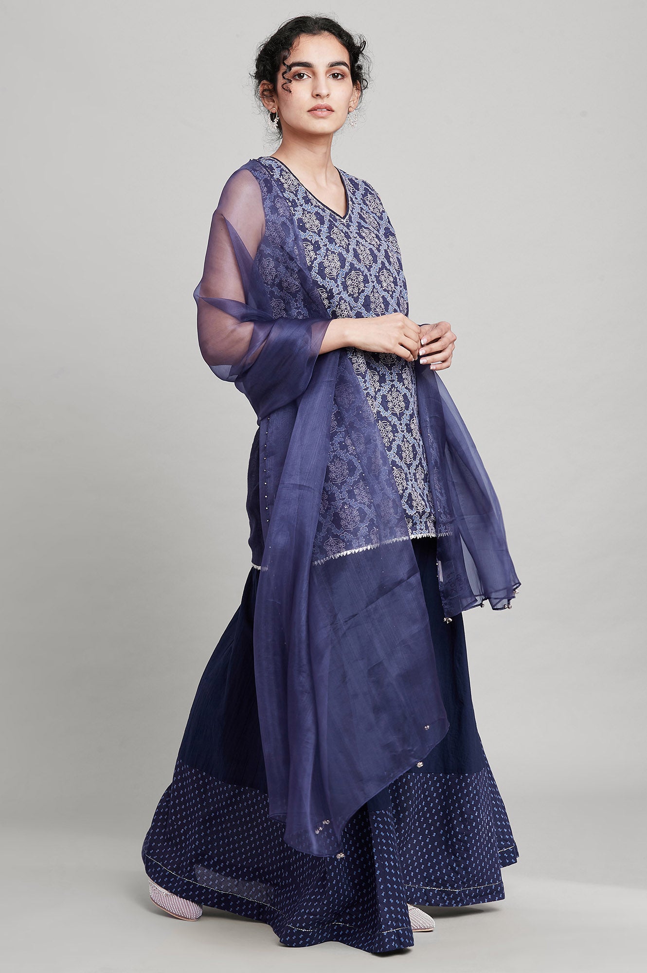 Blue Short kurta-Crinkled Skirt-Organza Drape Set