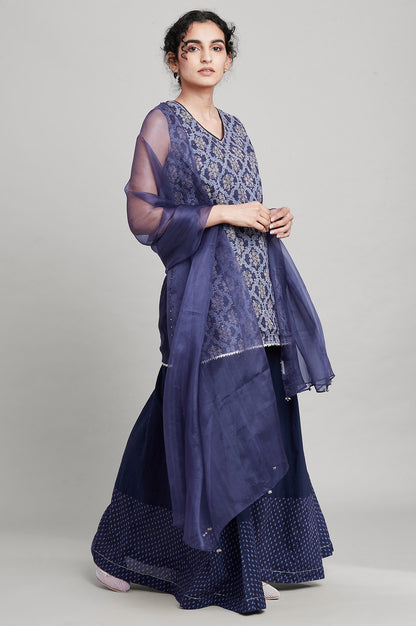 Blue Short kurta-Crinkled Skirt-Organza Drape Set