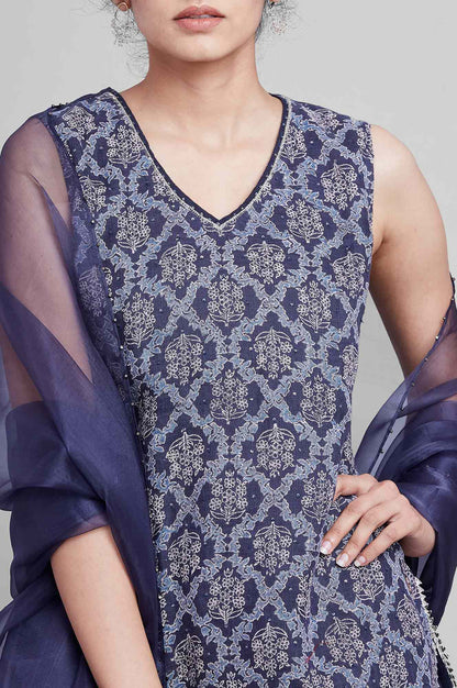 Blue Short kurta-Crinkled Skirt-Organza Drape Set