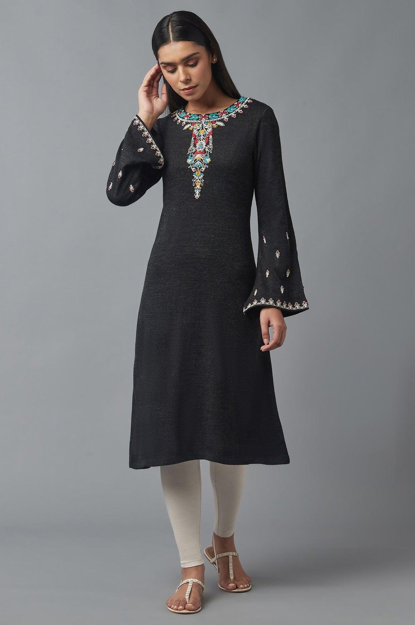 Dark Grey Embroidered Winter kurta - wforwoman