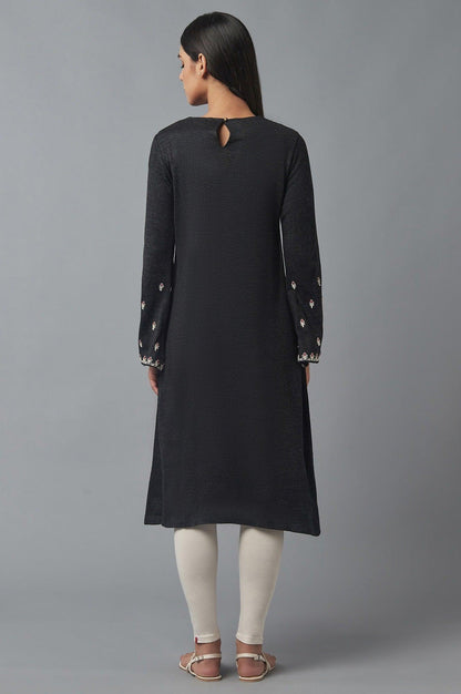Dark Grey Embroidered Winter kurta - wforwoman