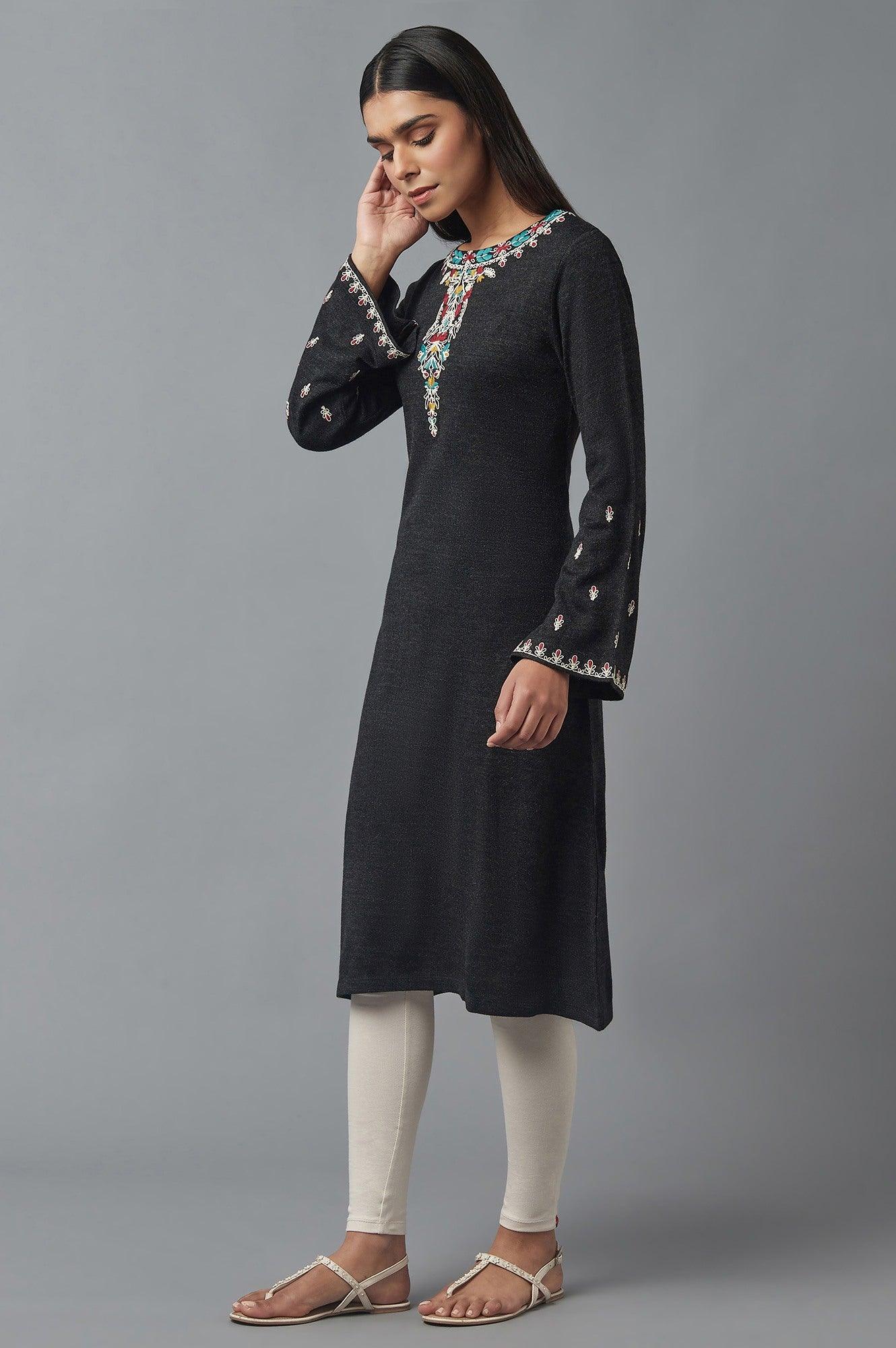 Dark Grey Embroidered Winter kurta - wforwoman