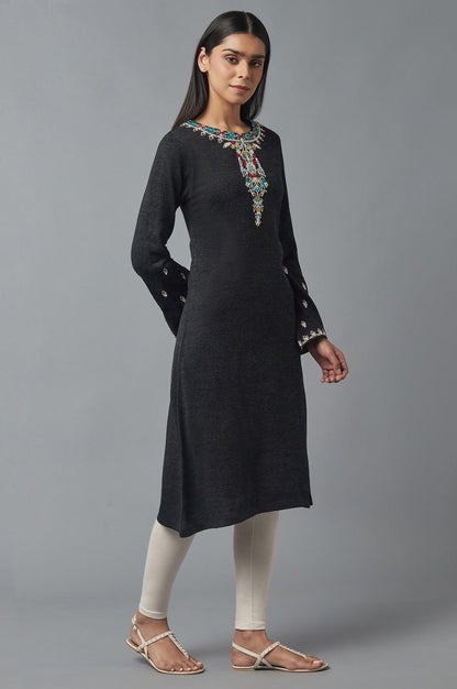 Dark Grey Embroidered Winter kurta - wforwoman