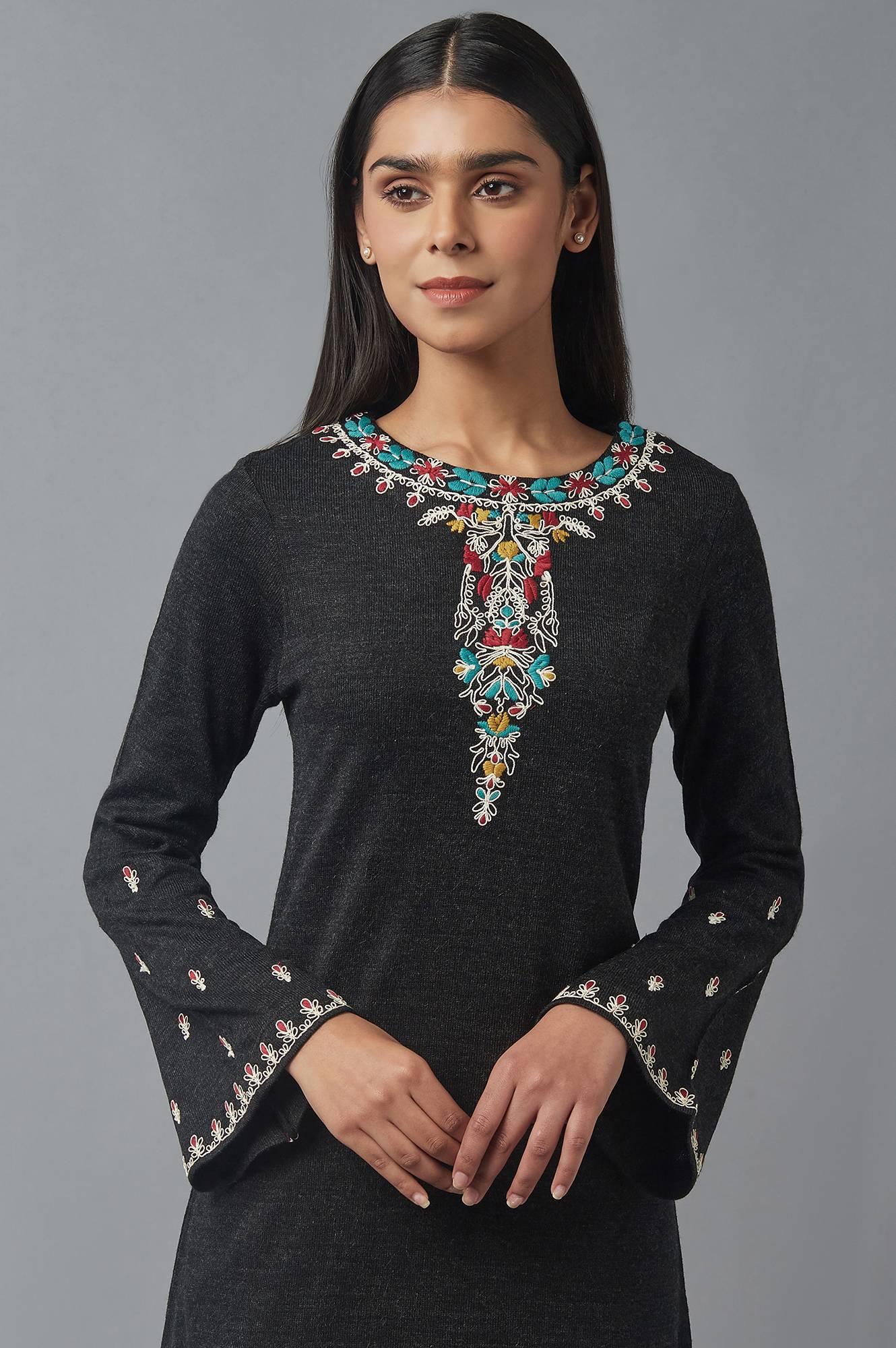 Dark Grey Embroidered Winter kurta - wforwoman
