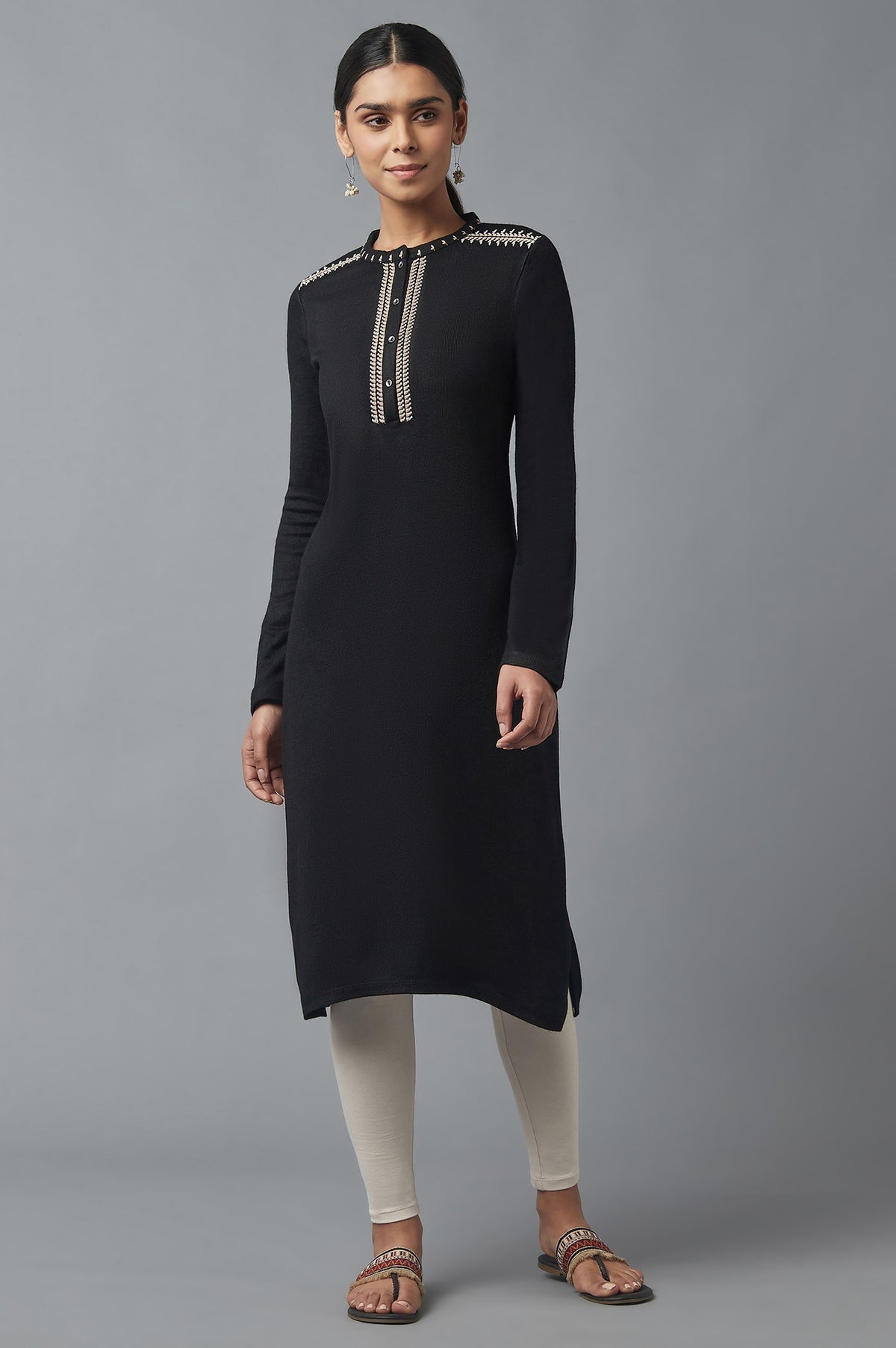 Jet Black Embroidered Winter Kurta - XS