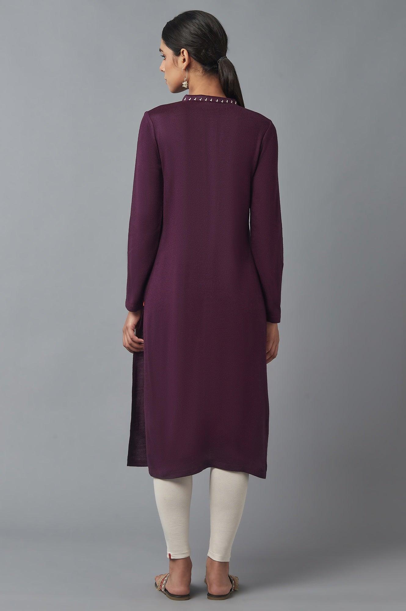 Dark Purple Embroidered Winter kurta - wforwoman