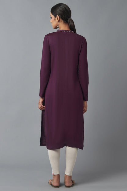 Dark Purple Embroidered Winter kurta - wforwoman