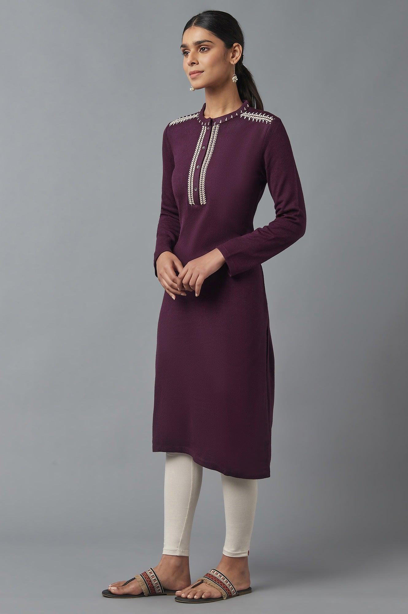Dark Purple Embroidered Winter kurta - wforwoman