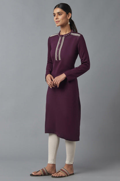 Dark Purple Embroidered Winter kurta - wforwoman