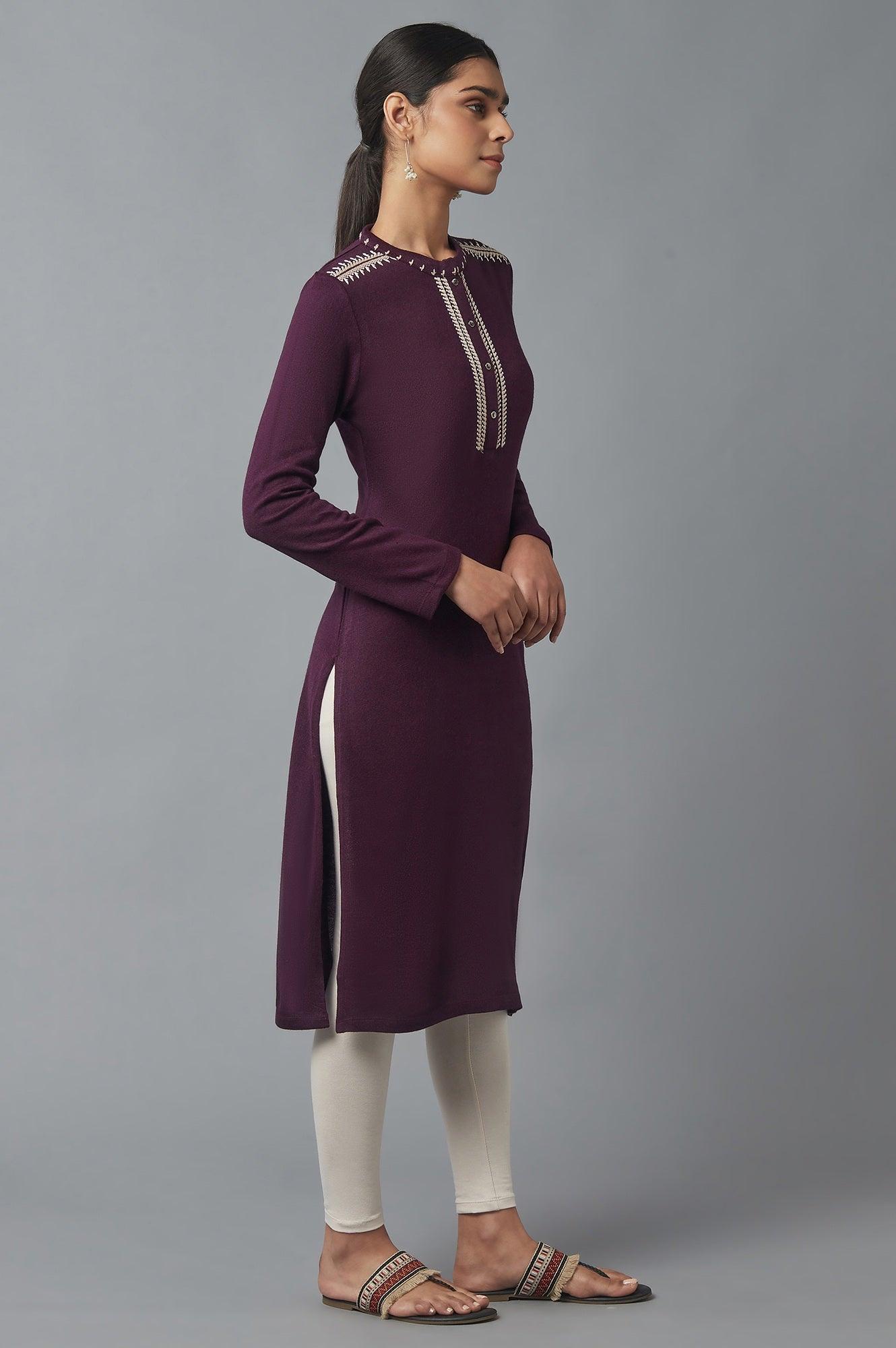 Dark Purple Embroidered Winter kurta - wforwoman