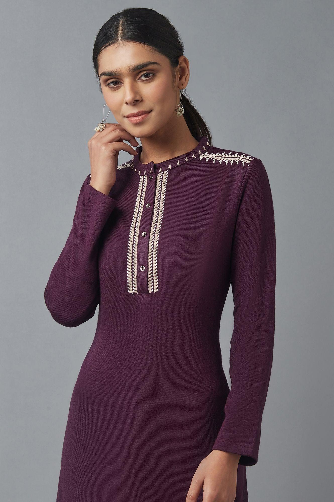 Dark Purple Embroidered Winter kurta - wforwoman