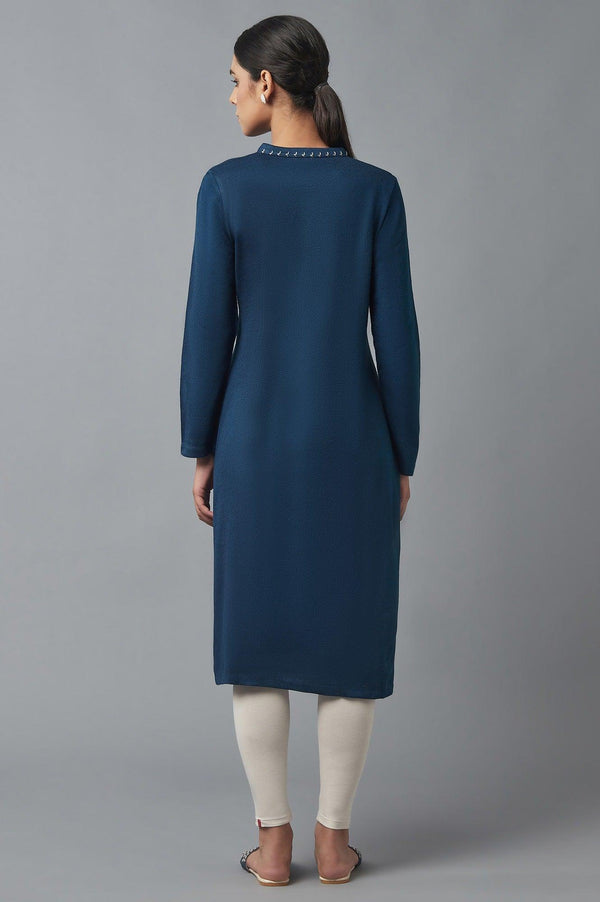 Teal Blue Embroidered Winter kurta