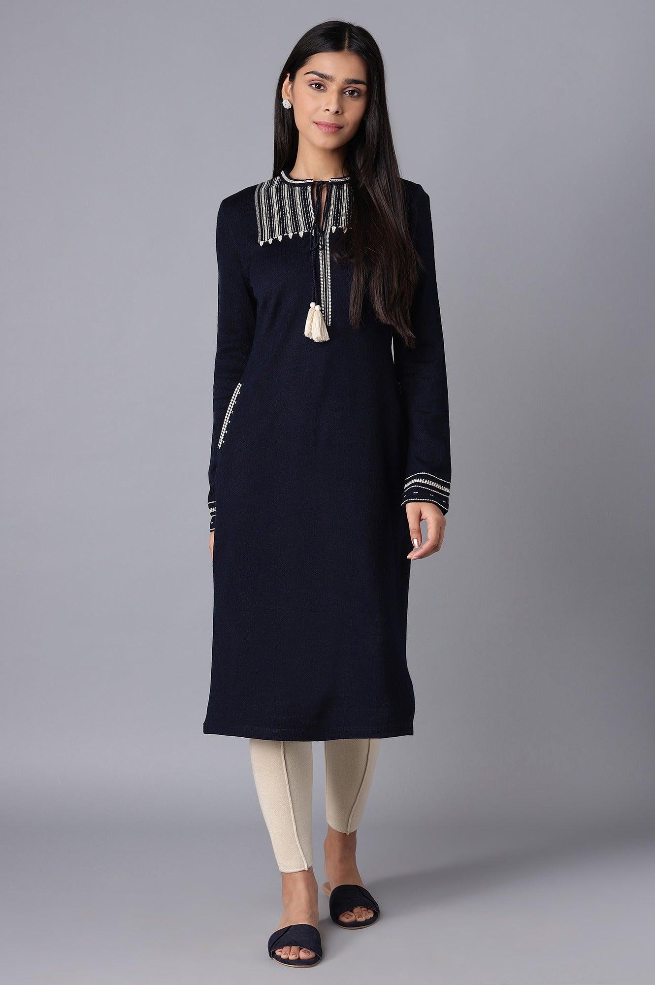 Navy Blue Embroidered Winter kurta - wforwoman