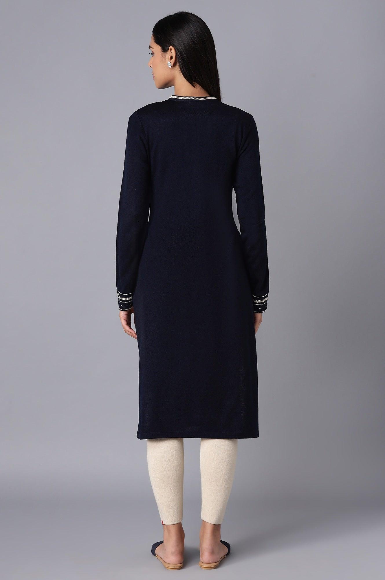 Navy Blue Embroidered Winter kurta - wforwoman