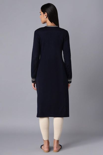 Navy Blue Embroidered Winter kurta - wforwoman