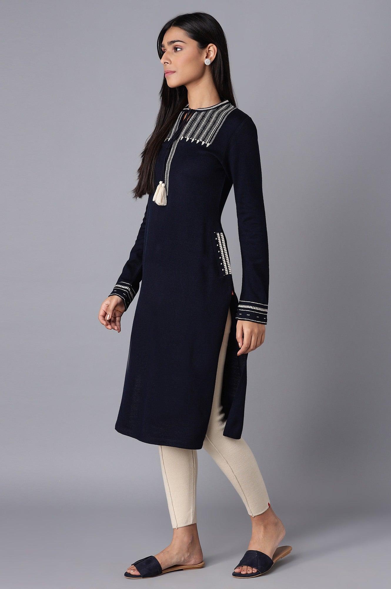 Navy Blue Embroidered Winter kurta - wforwoman