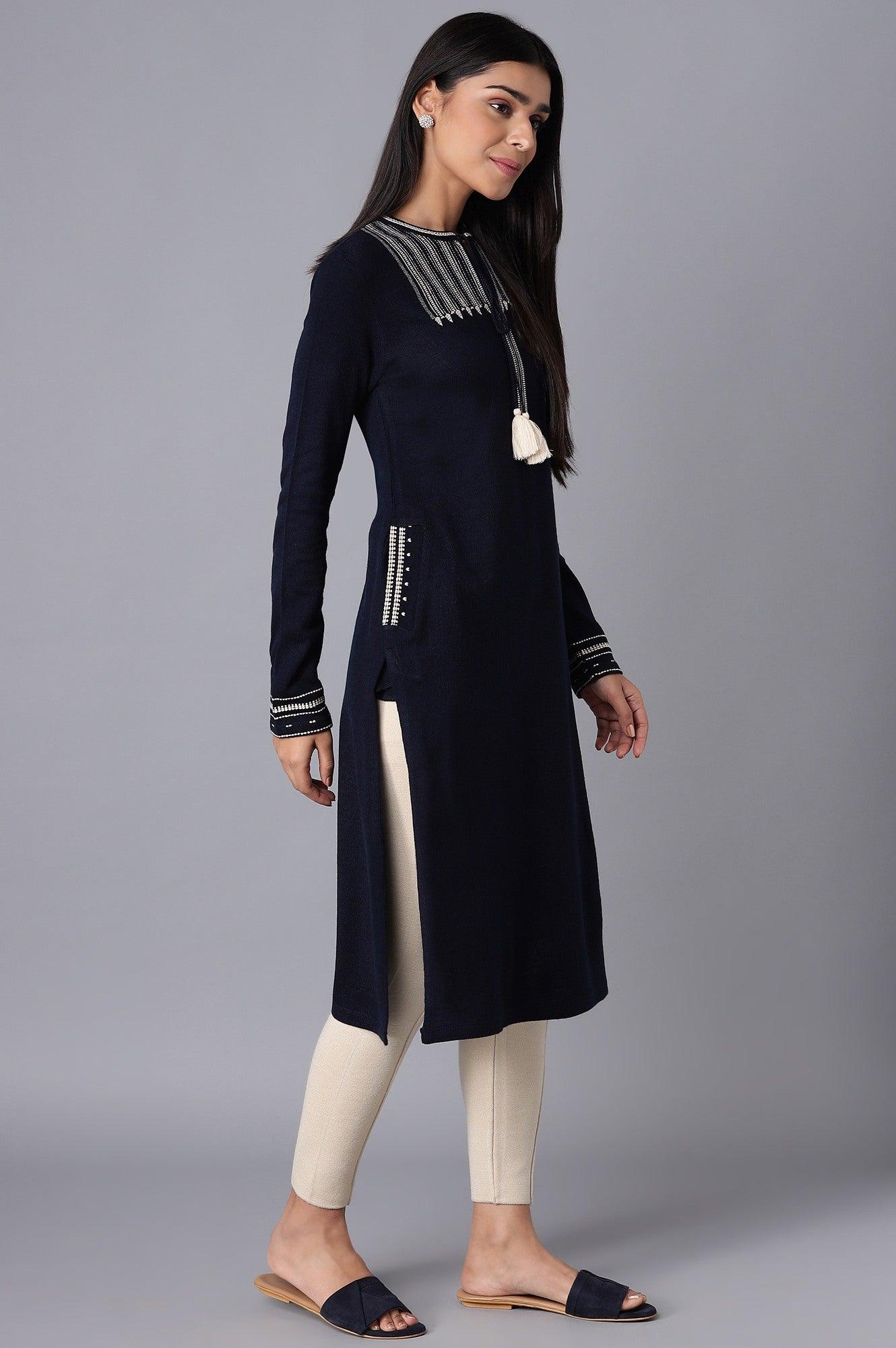 Navy Blue Embroidered Winter kurta - wforwoman