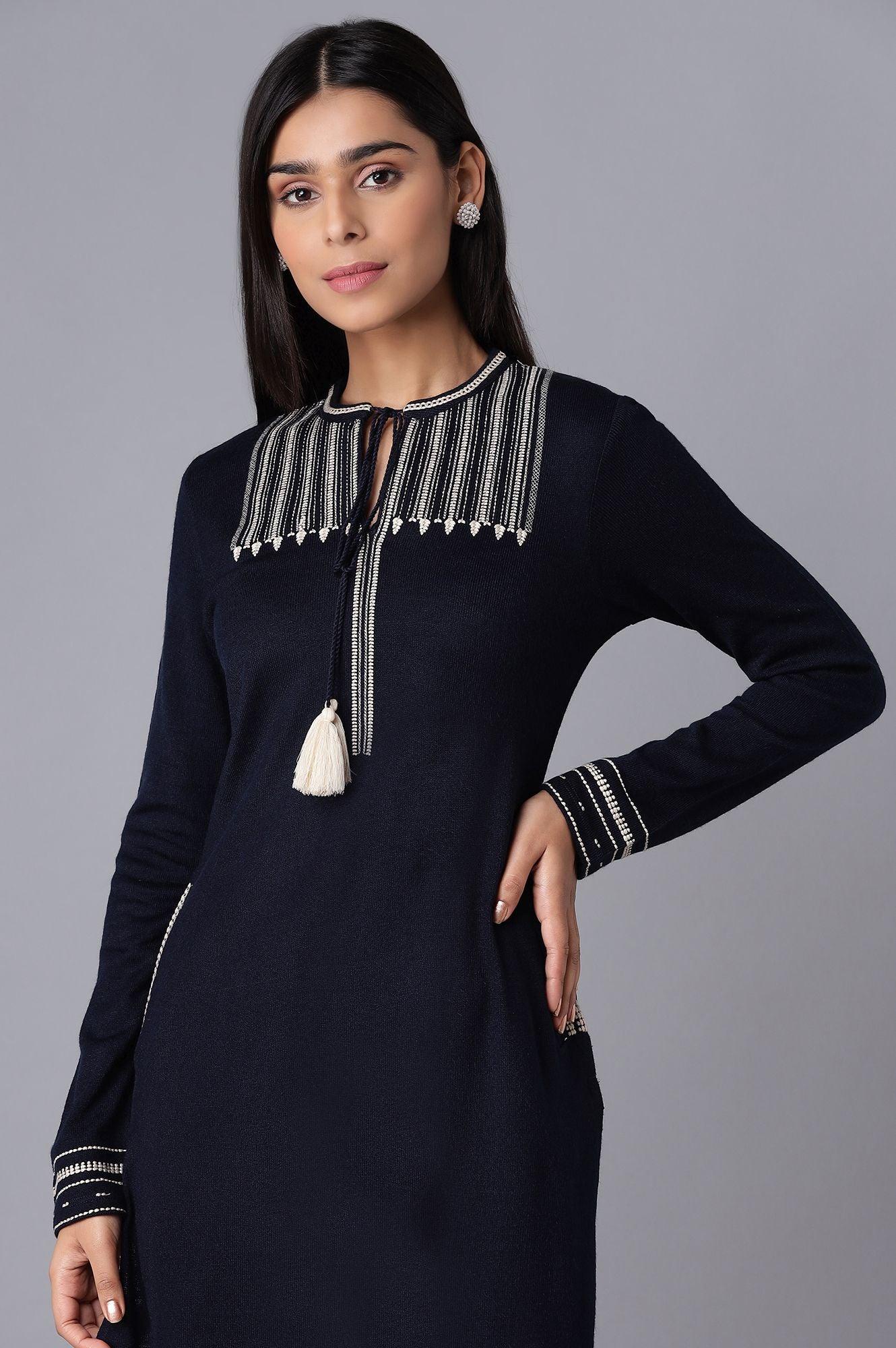 Navy Blue Embroidered Winter kurta - wforwoman