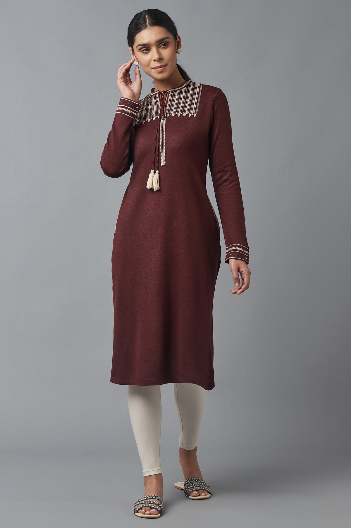 Chocolate Brown Embroidered Winter Kurta - XS
