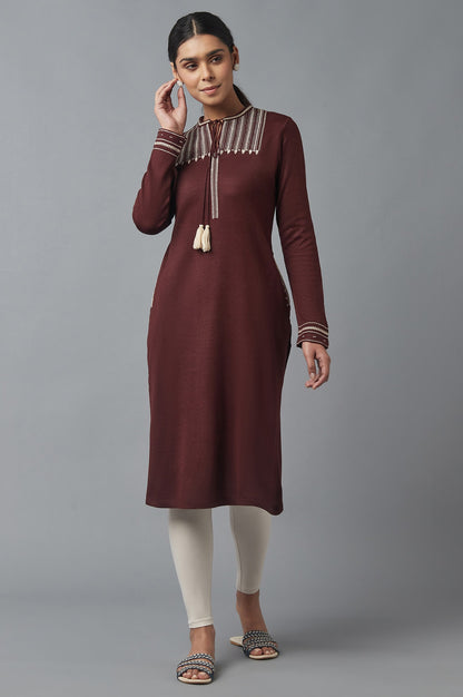 Chocolate Brown Embroidered Winter Kurta