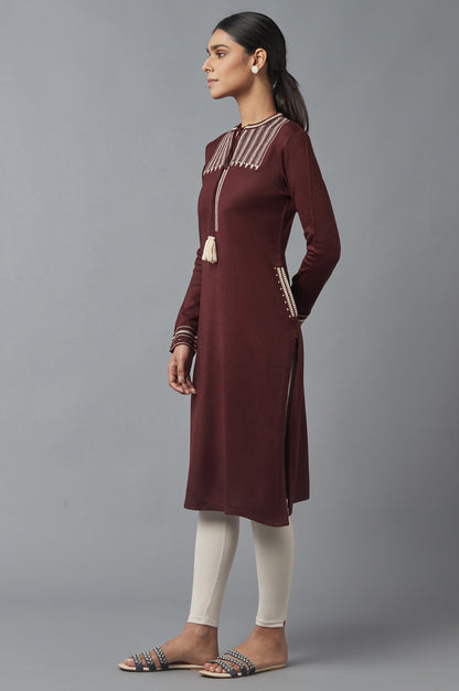 Chocolate Brown Embroidered Winter Kurta